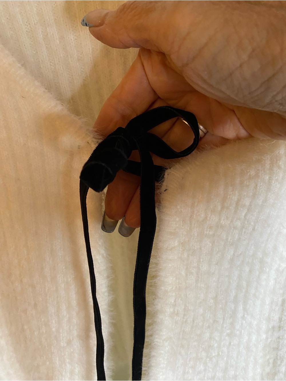 Gianni Bini Cream Knit Tie-Front Cardigan with Black Ribbon - Picture 2 of 14